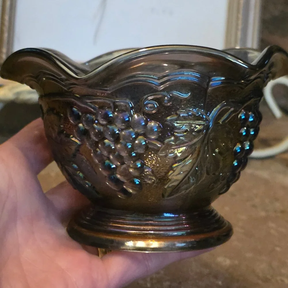 Imperial Carnival Glass Amethyst Grape and Cable Ruffled pedestal stippled bowl
